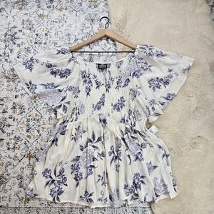 Floral Smocked Blouse - White and Purple
